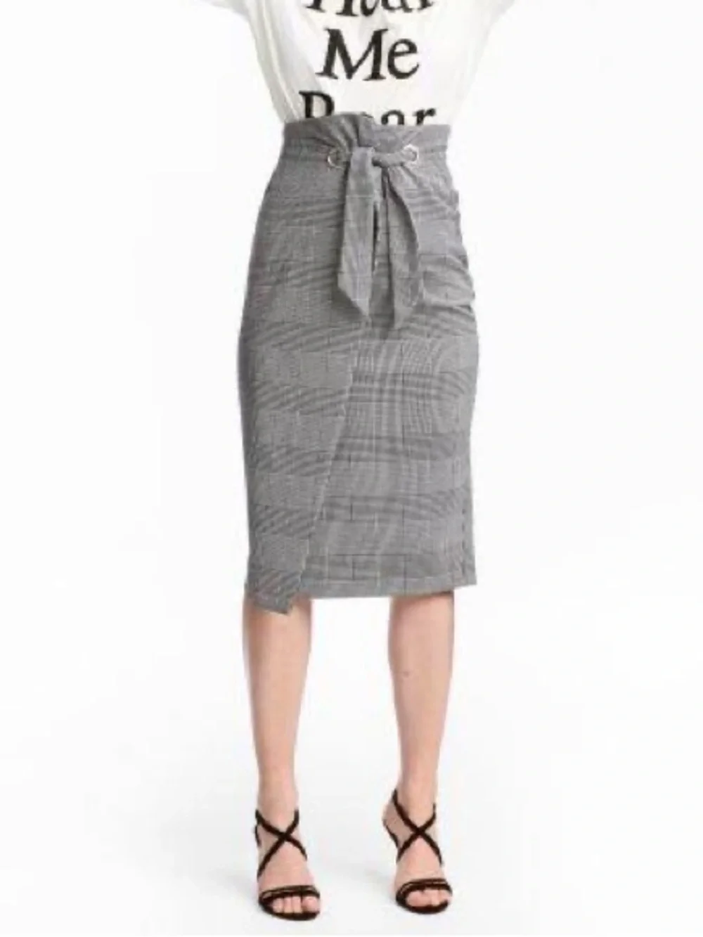 H&M Houndstooth High-Waist Plaid Tie-Belt Wrap Midi Pencil Skirt